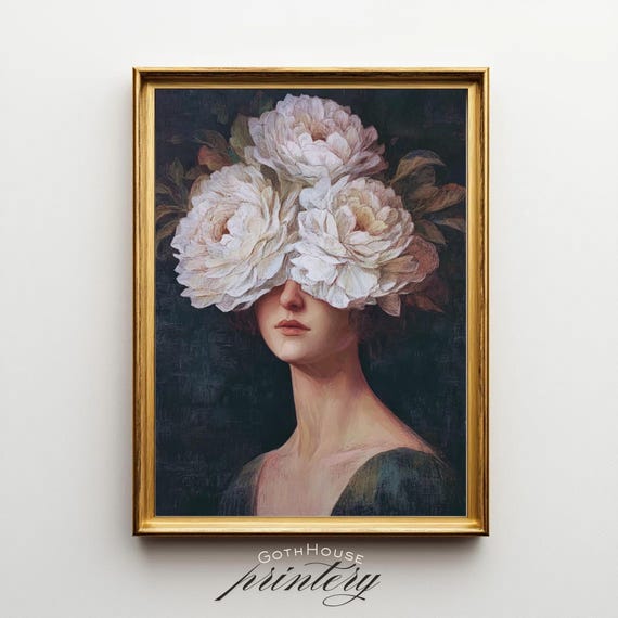 Flower Portrait Print Dark Floral Artwork Renaissance Woman Victorian Gothic Decor Moody Surreal Wall Art