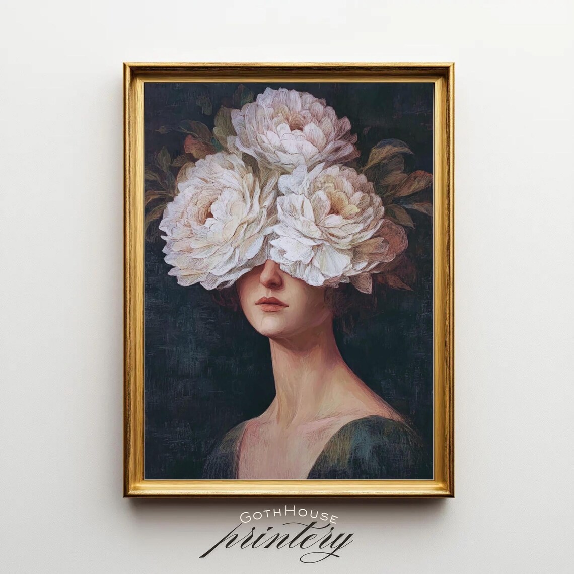 Woman With White Peonies Dark Floral Renaissance Portrait Poster