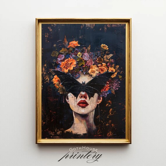 Bat Surreal Portrait Gothic Woman Print Feminine Horror Whimsigoth Decor Halloween Wall Art Witchy