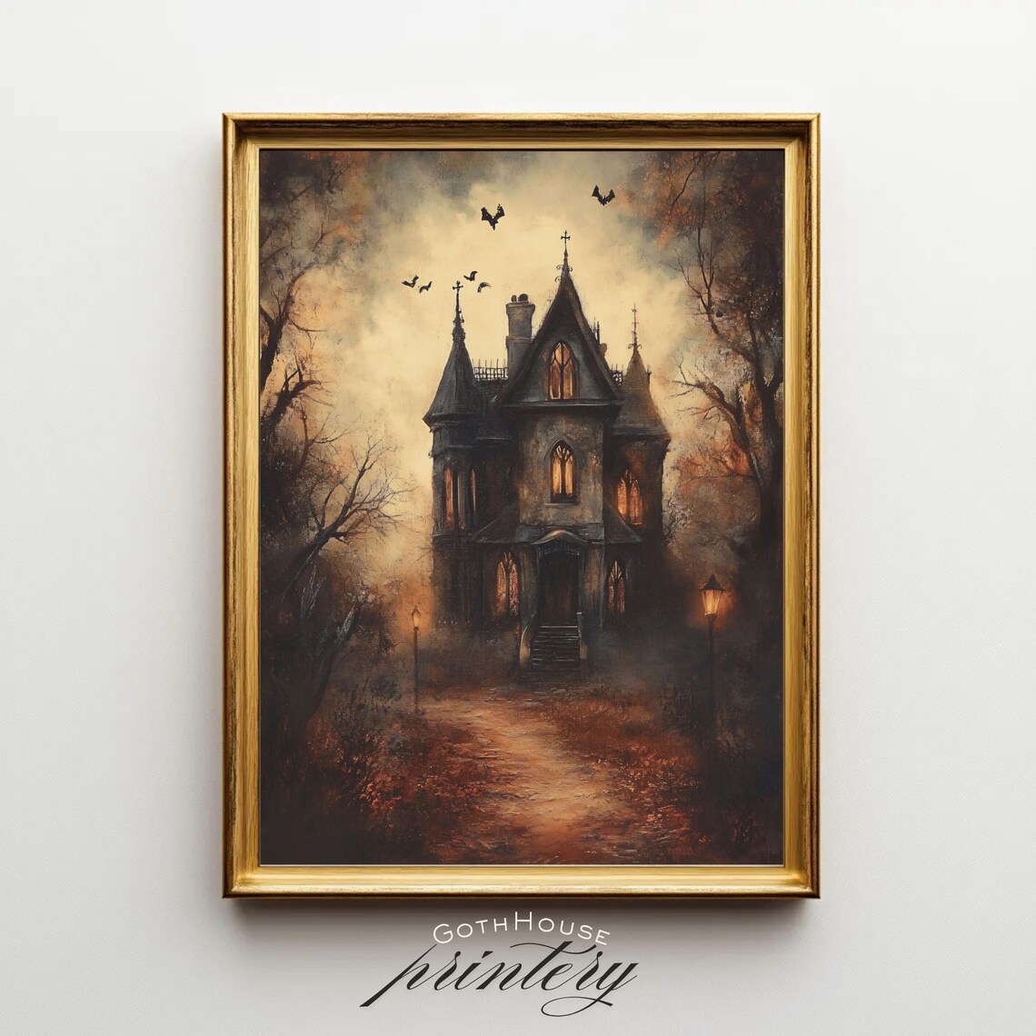 Haunted House Wall Art Gothic Halloween Print Spooky Autumn Decor Moody Fall Artwork Rustic Horror
