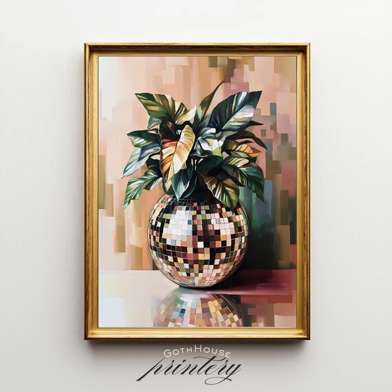 Disco Ball Planter Leafy Houseplant Retro Funky Eclectic Wall Art