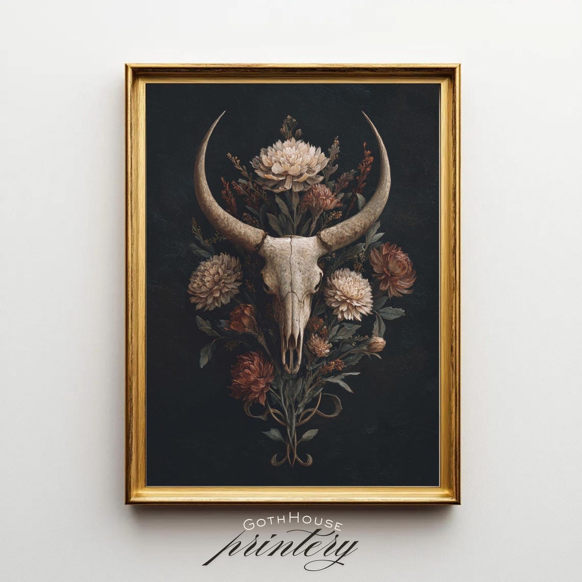 Longhorn Skull Rustic Floral Bouquet Dark Western Gothic Poster