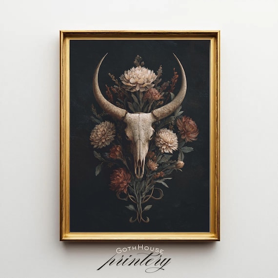 Floral Skull Wall Art Botanical Horned Boho Witchy Decor Pagan Print Gothic Western Macabre