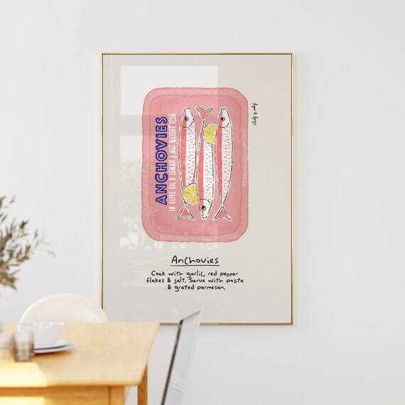 Anchovies Print Pink Sardine Tin Poster Retro Italian Food Recipe Art Fish Wall Seafood Vintage Kitchen Mcm Wallart
