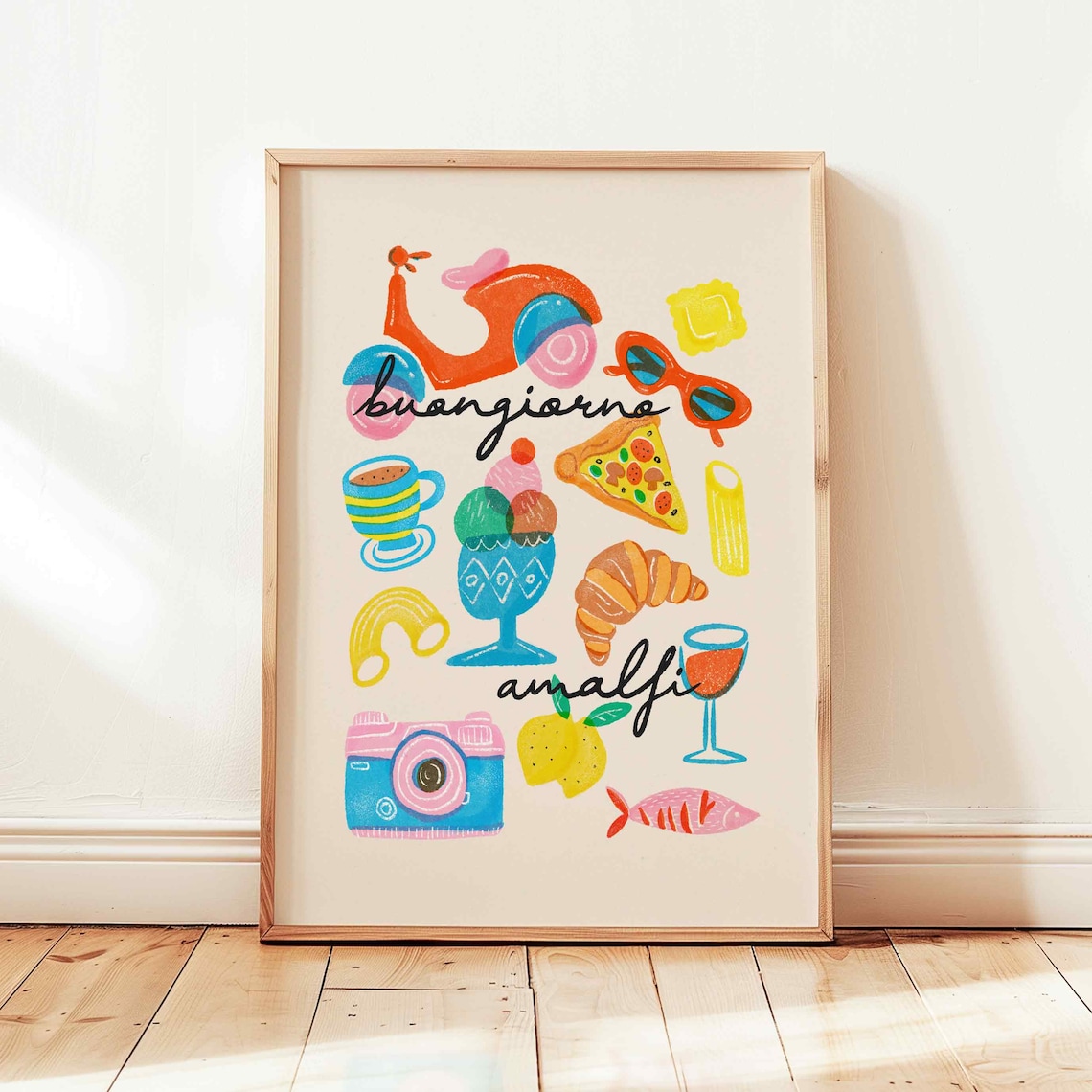 Buongiorno Amalfi Colorful Italian Food Icons Italy Travel Poster