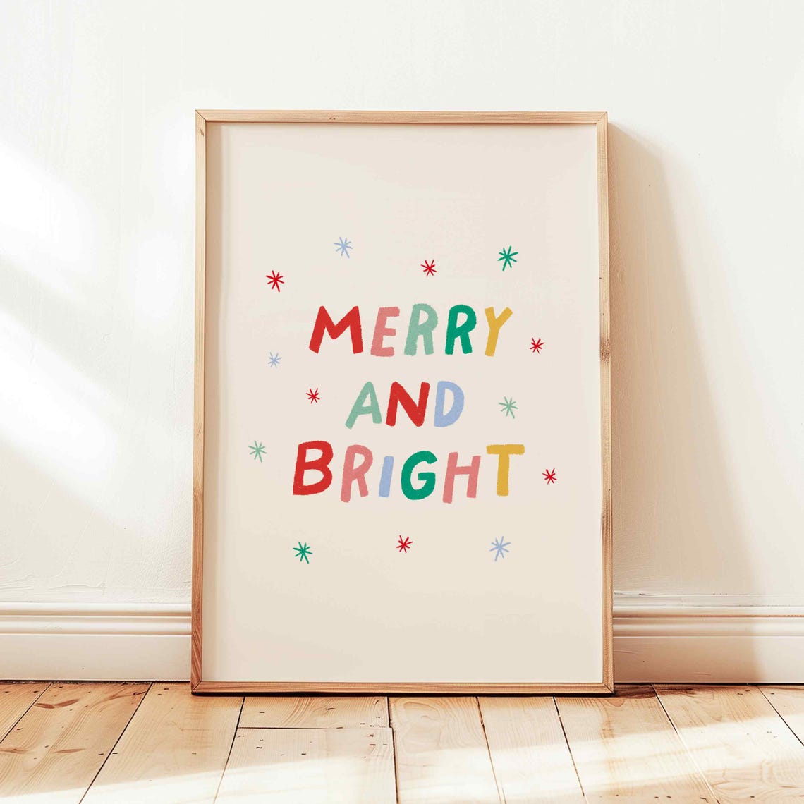 Merry and Bright Colorful Christmas Lettering Star Quote Poster