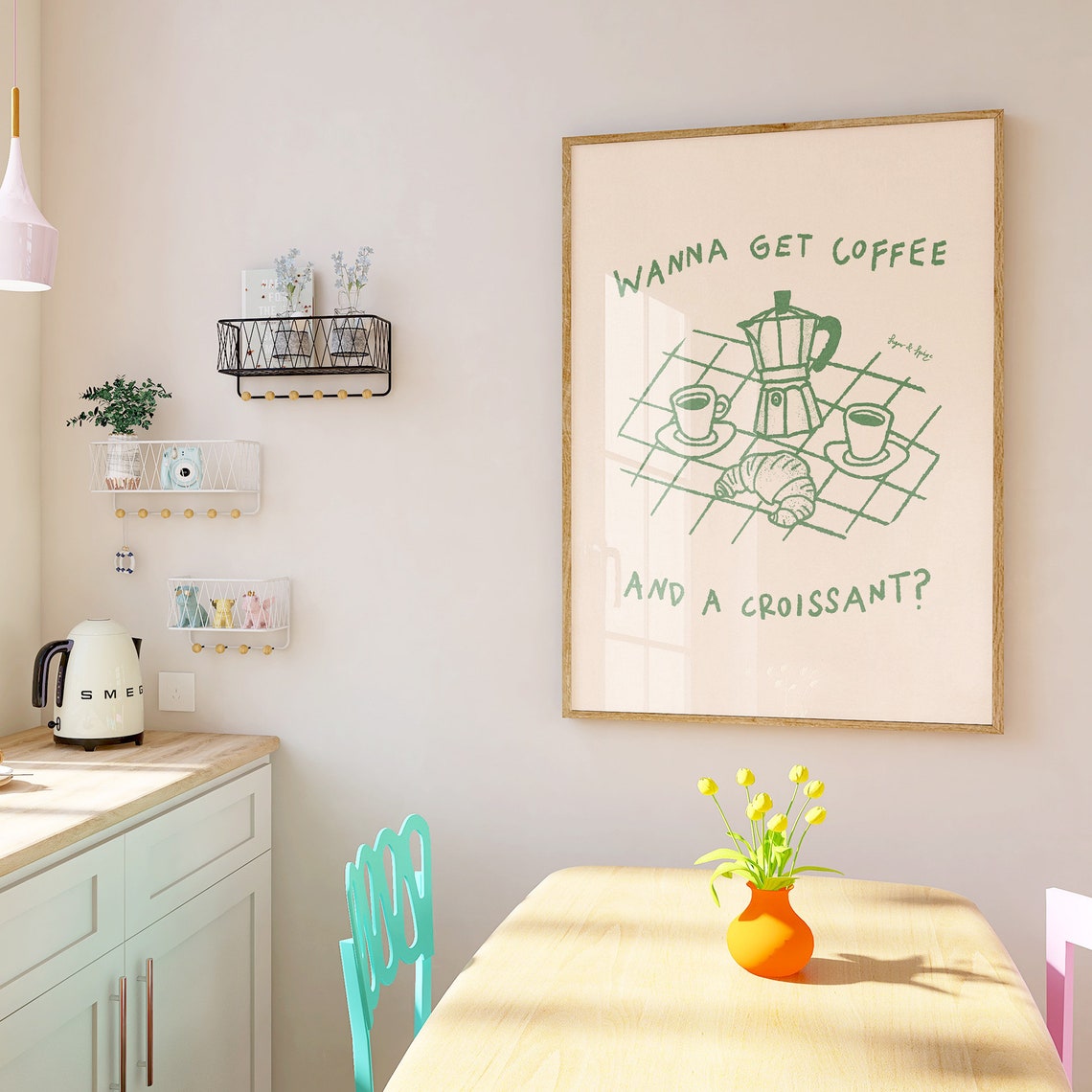Wanna Get Coffee and a Croissant Green Moka Pot Kitchen Poster - Image 3