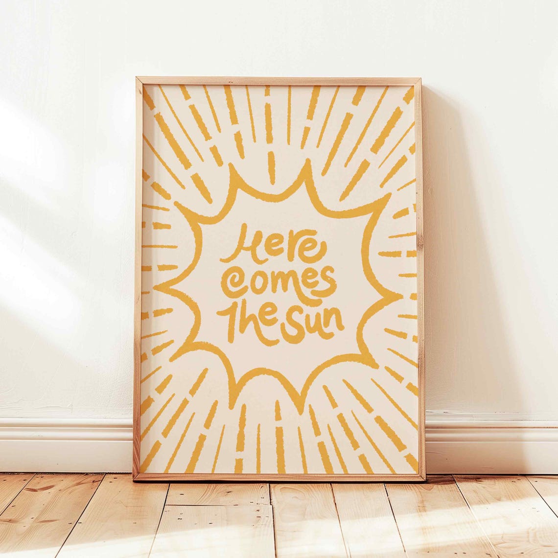 Here Comes The Sun Retro Yellow Sunburst Typography Quote Poster