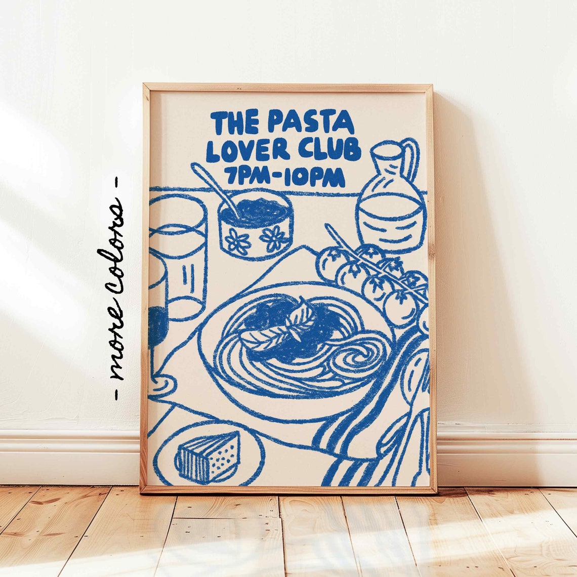 The Pasta Lover Club Blue Line Art Italian Dinner Table Poster
