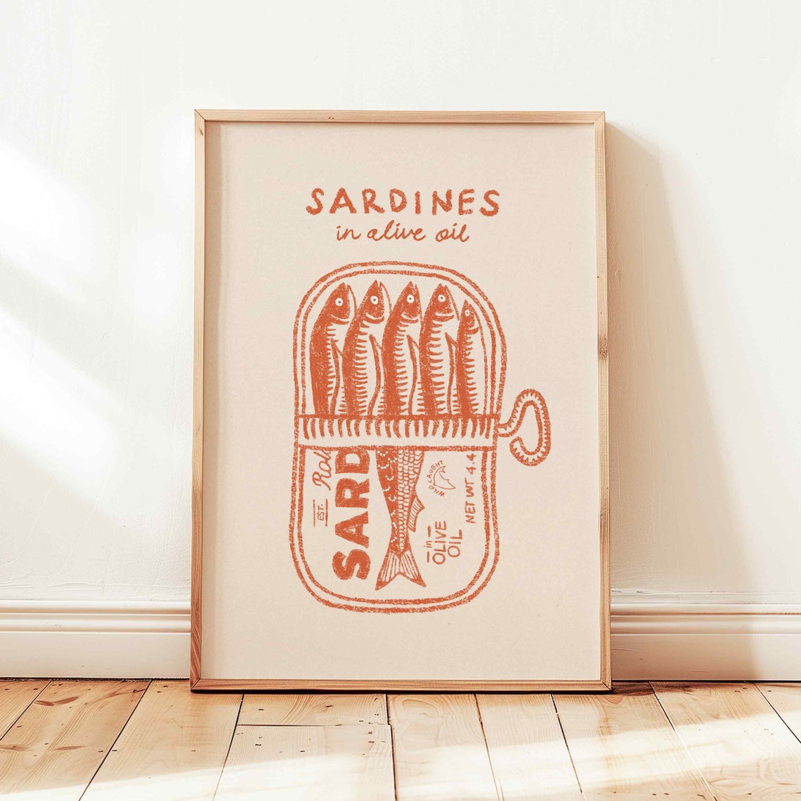 Sardines Olive Oil Tin Terracotta Hand Drawn Retro Kitchen Poster
