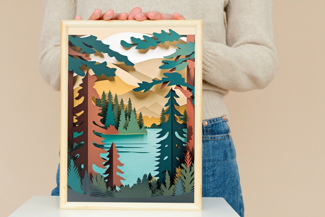 Layered Paper Cut Forest Lake Mountain Sunset Landscape Art Poster - Image 5