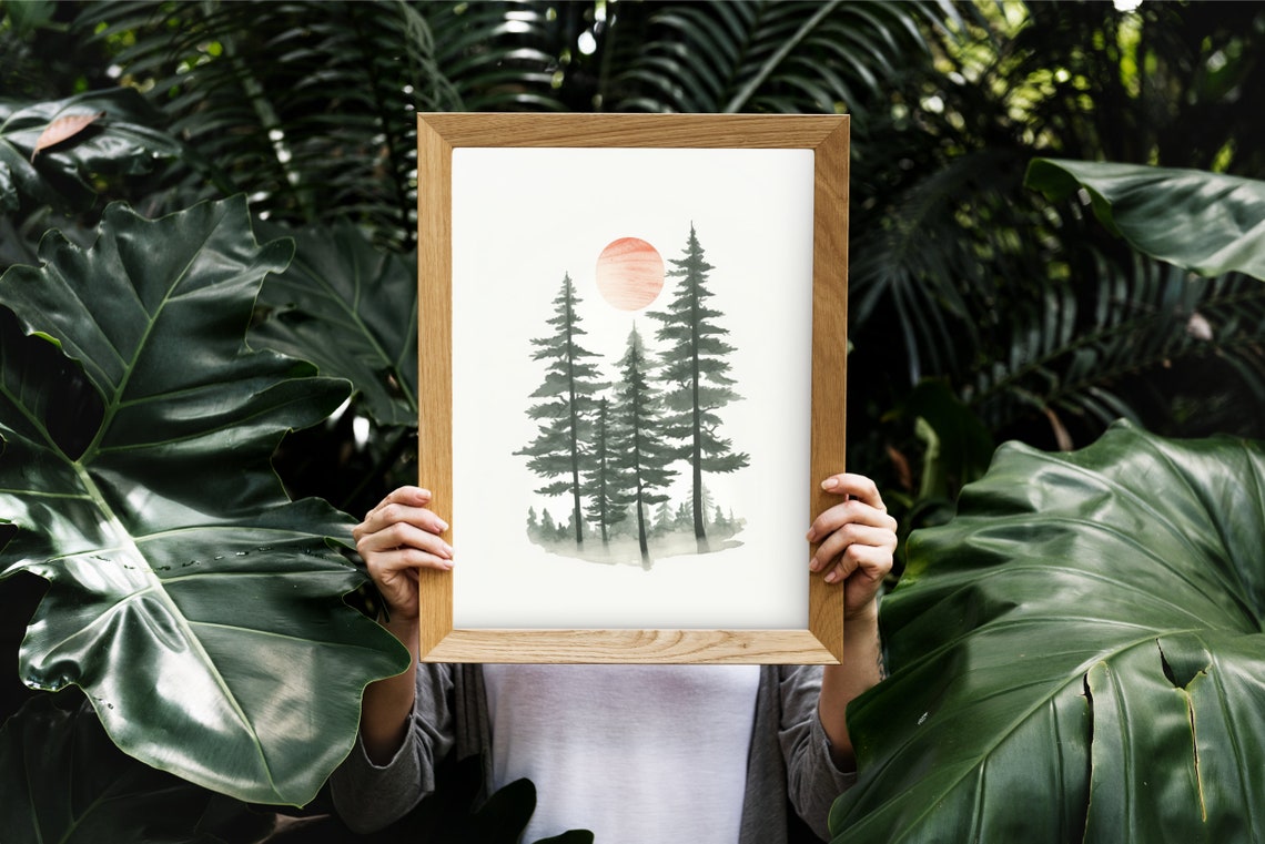 Minimalist Watercolor Pine Forest Red Sun Scandinavian Art Poster - Image 4