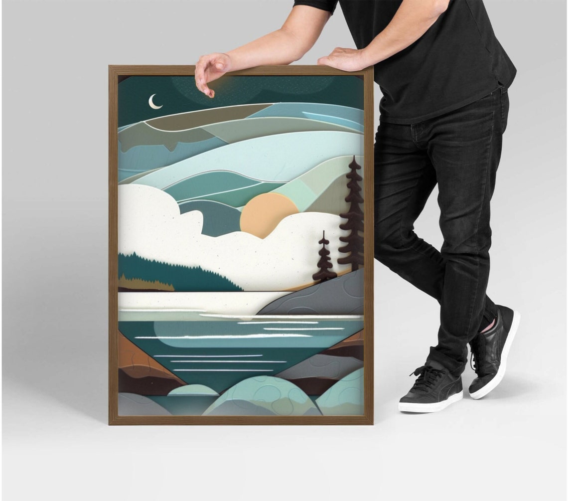 Moonlit Lake Waves Layered Paper Cut Style Night Landscape Poster - Image 5