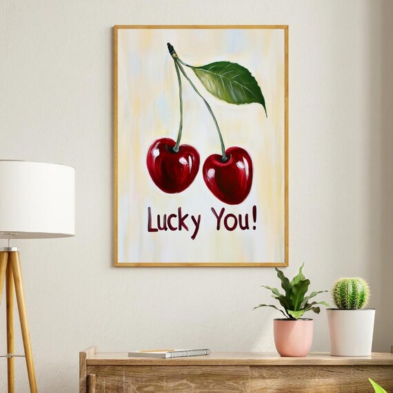 Lucky You Cherries Painting Retro Cherry Wall Art Vintage Fruit Painting Flirty Bedroom Decor Trendy Cherries Print Dorm Poster