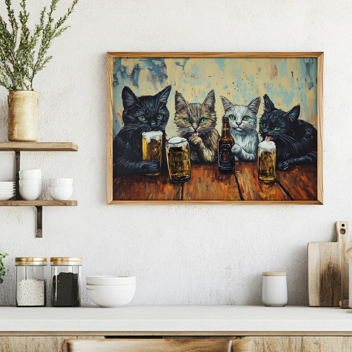 Four Funny Cats Sharing Frothy Beers at Wooden Pub Table Wall Art - Image 4