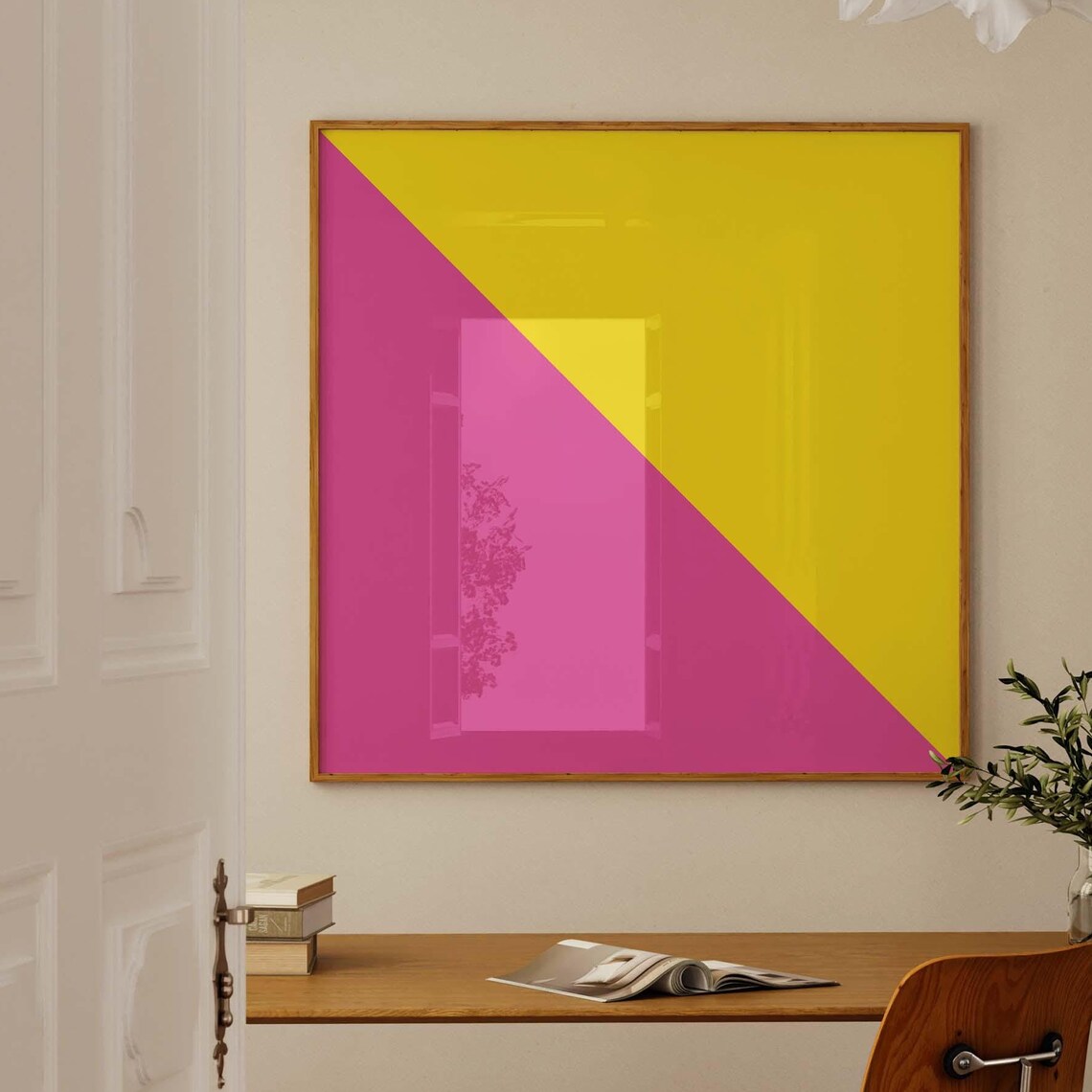 Neon Pink Yellow Diagonal Color Block Modern Minimalist Poster