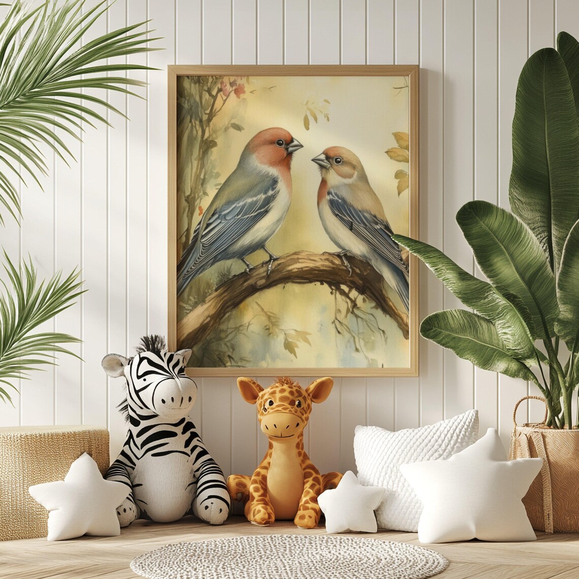 Pair Of Colorful Finches Perched On Branch Watercolor Poster - Image 2