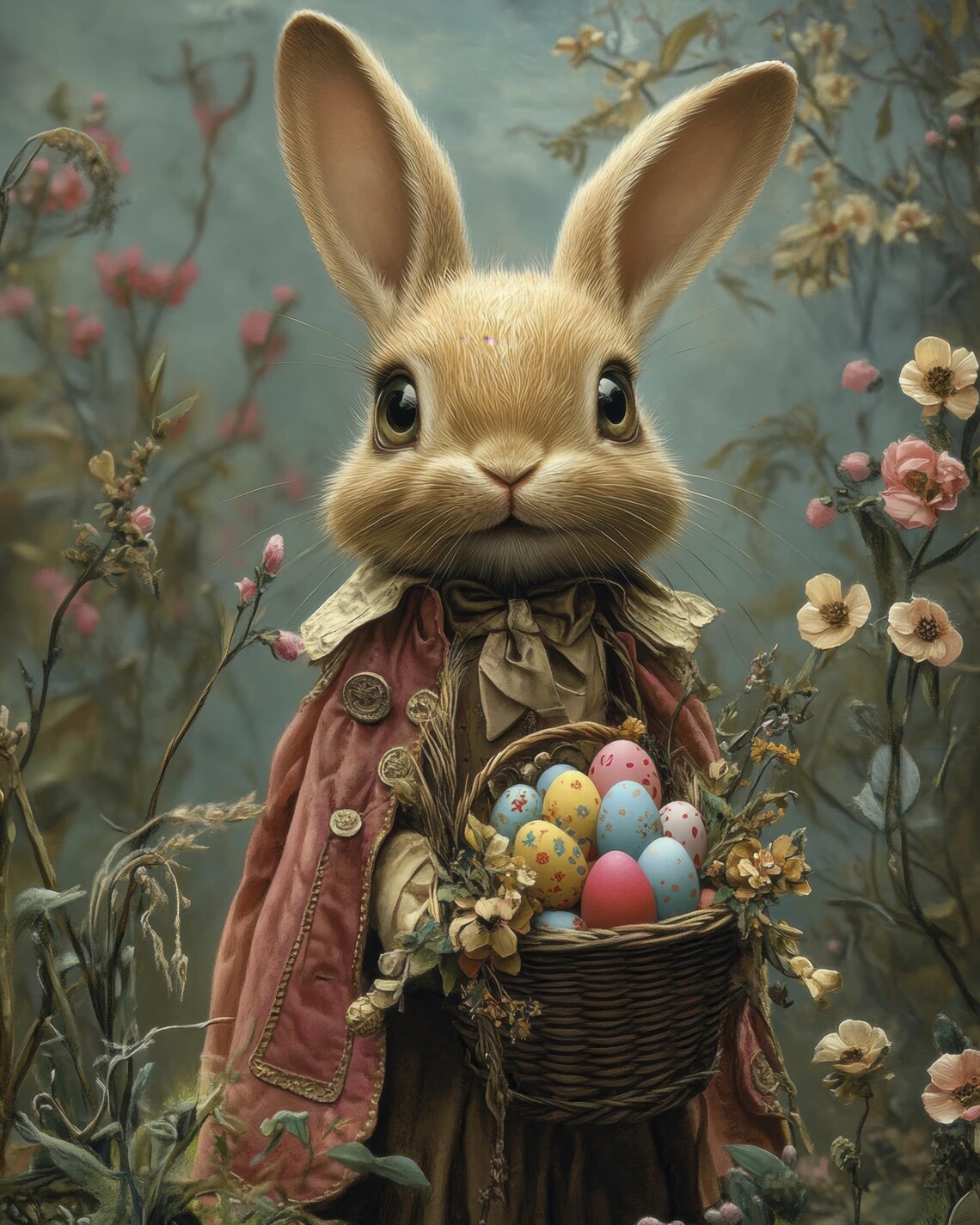 Sweet Bunny In Cloak Holding Basket Of Colorful Easter Eggs Poster - Image 3