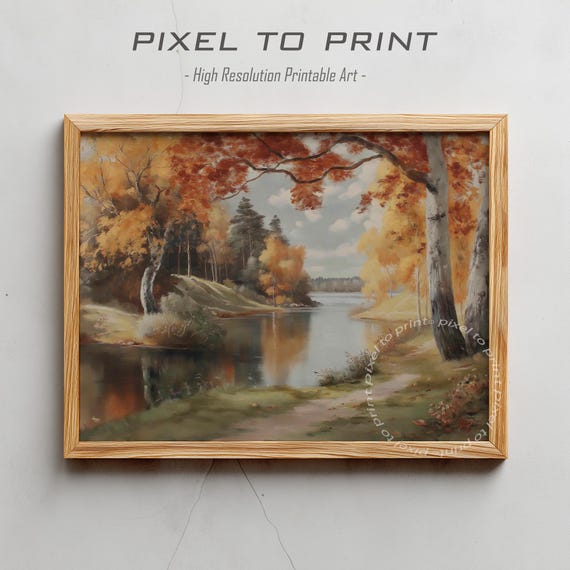 Vintage Autumn Lake Landscape Fall Forest Wall Art Muted Rustic Farmhouse Decor