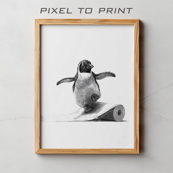 Penguin Bathroom Art Surfing Toilet Paper Roll Funny Wall Poster