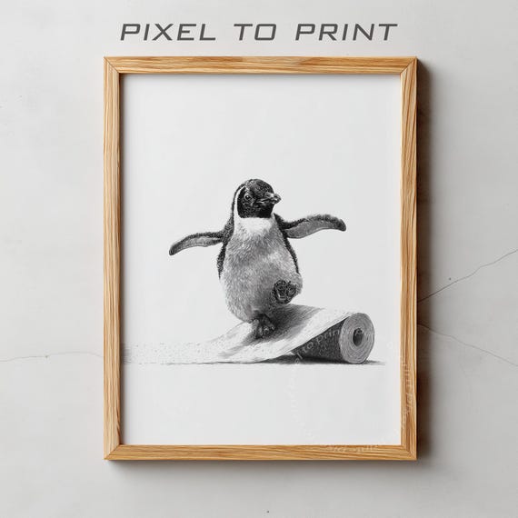 Penguin Sliding On Toilet Paper Bathroom Poster Funny Animal Art