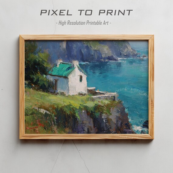 White Coastal Cottage on Cliff Overlooking Turquoise Sea Oil Poster