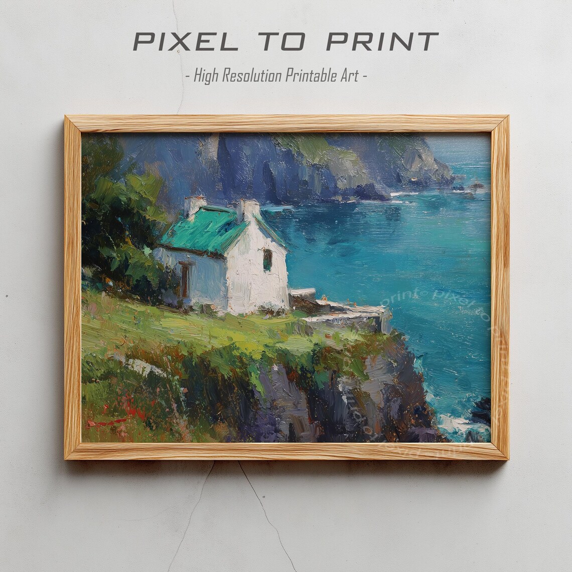White Coastal Cottage on Cliff Overlooking Turquoise Sea Oil Poster