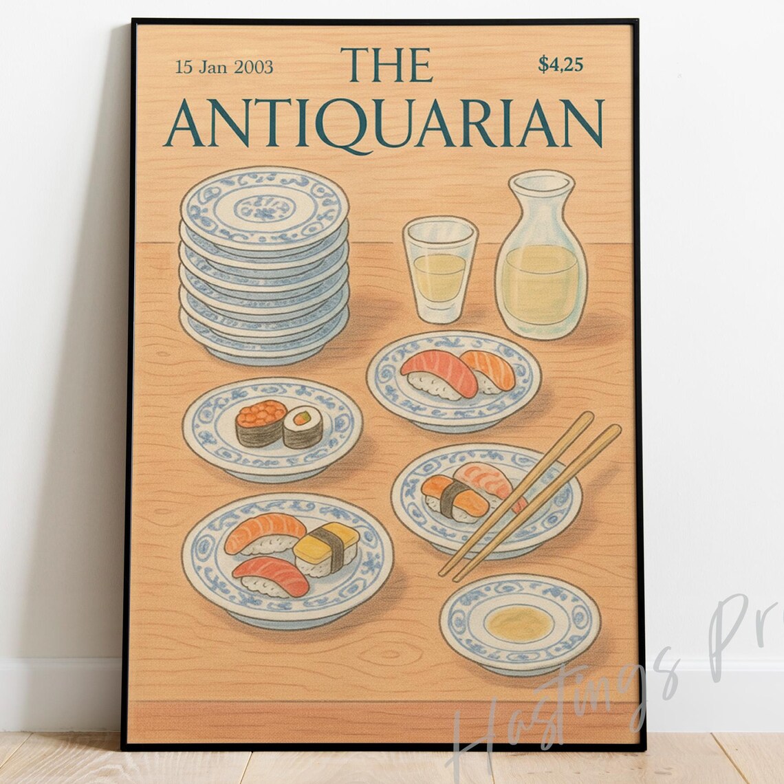 The Antiquarian 2003 Sushi Spread Japanese Food Magazine Cover Art Poster