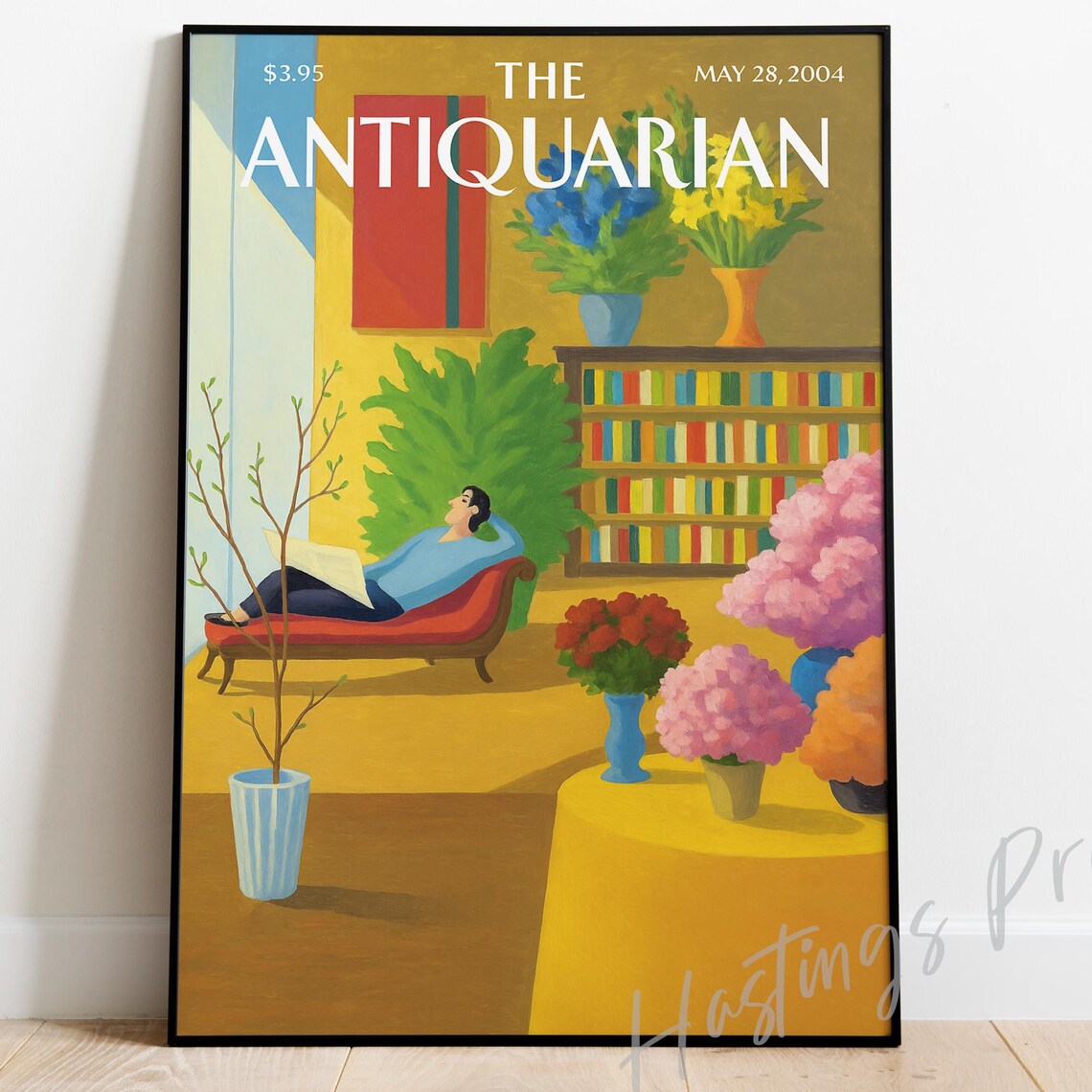 The Antiquarian Reading Chaise Lounge Bookshelf Flowers Magazine Cover Poster