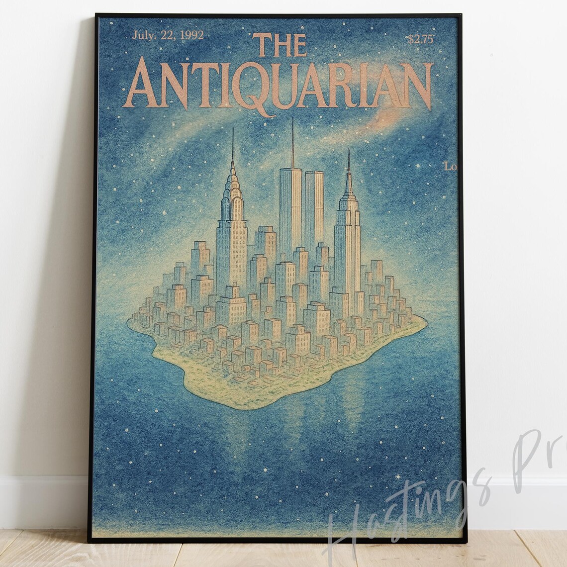 The Antiquarian Manhattan Night Skyline Island Vintage Poster