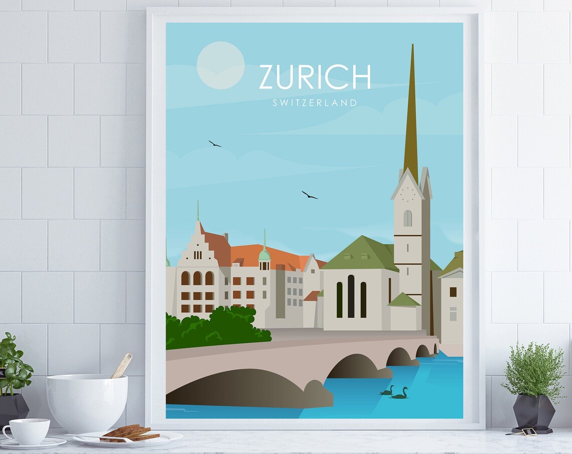 Zurich Switzerland Old Town Church Bridge Europe Travel Poster
