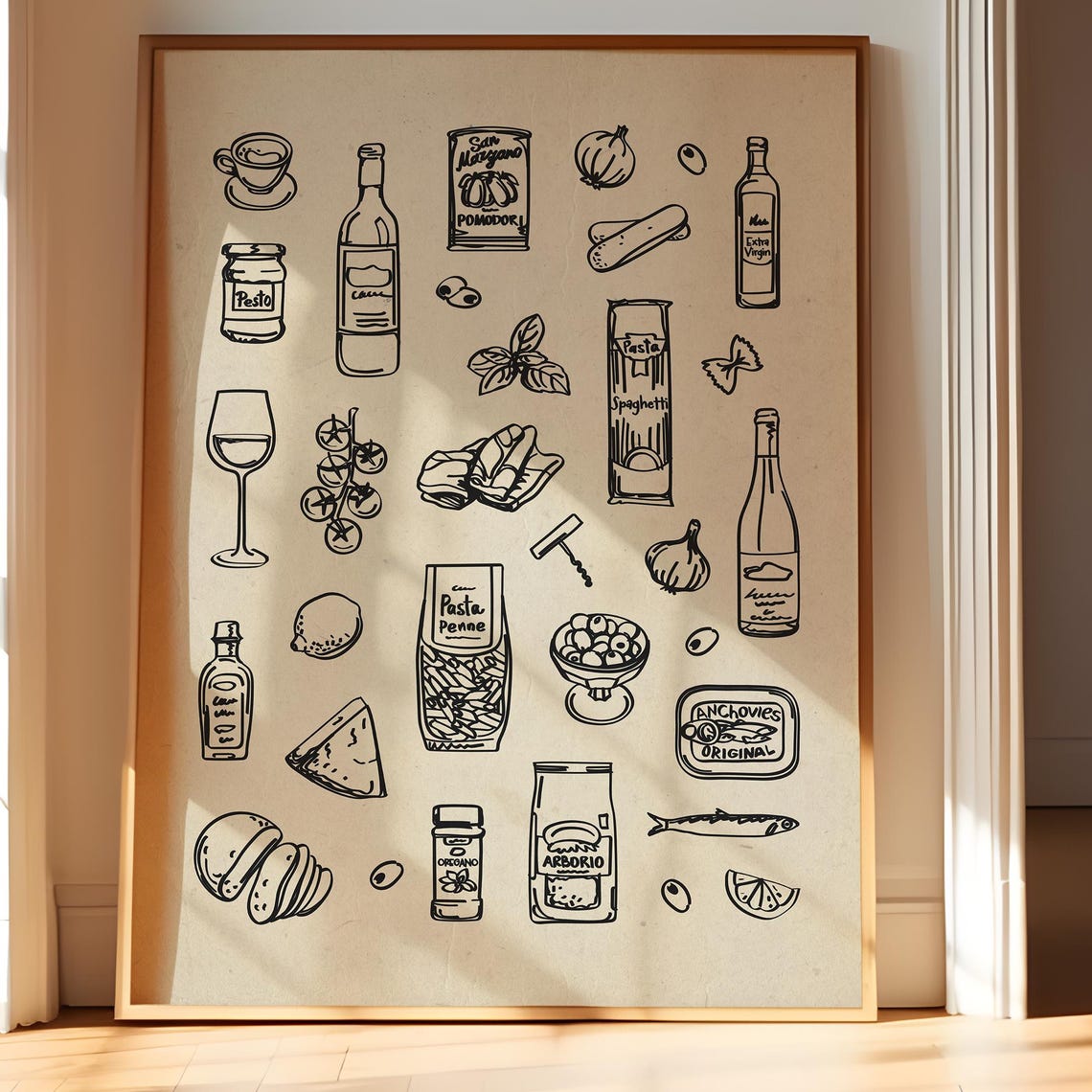Italian Pantry Essentials Black Sketch Rustic Kitchen Poster
