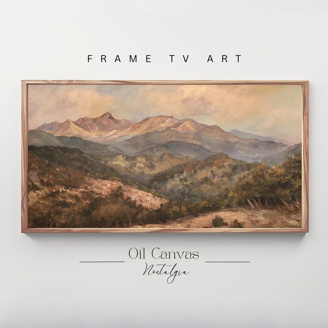 Mountain Landscape Frame Tv Art Moody Oil Painting Neutral Colours Rustic Scenery Farmhouse Decor