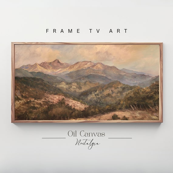 Mountain Landscape Frame Tv Art Moody Oil Painting Neutral Colours Rustic Scenery Farmhouse Decor