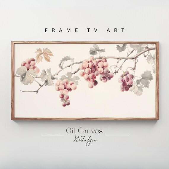 Rustic Neutral Grapes Tree Sketch Frame Tv Art Vintage Farmhouse Kitchen Art Decor Instant