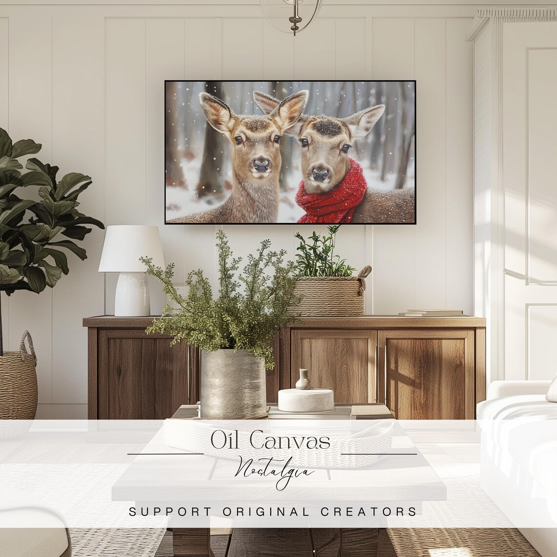 Winter Deer Red Scarf Snowy Stag Vintage Christmas Wildlife Oil Poster - Image 3