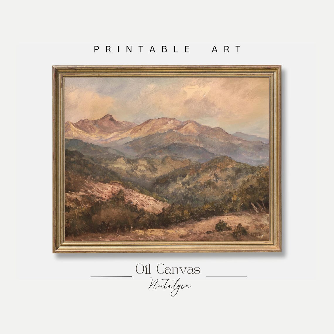 Mountain Landscape Wall Art Moody Oil Painting Neutral Colours Rustic Scenery Farmhouse Decor