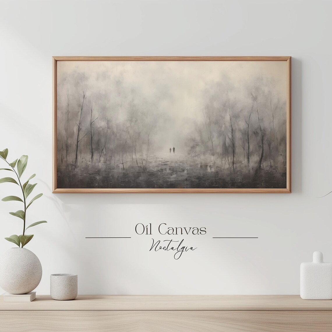 Moody Foggy Forest Two Figures Walking Gray Mysterious Atmosphere Oil Painting Poster - Image 3