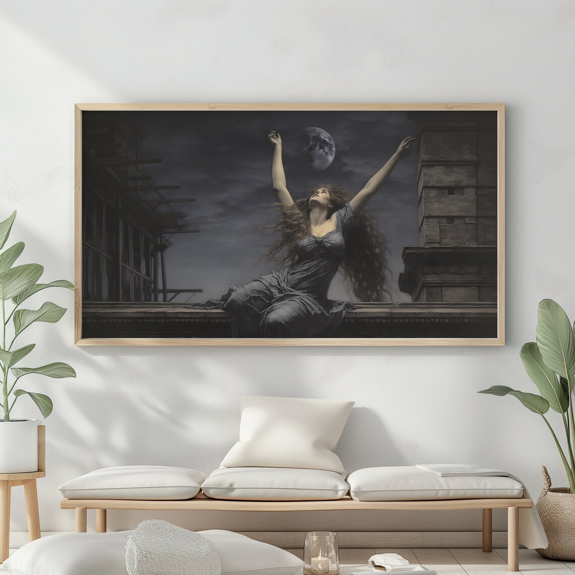 Witch Woman Full Moon Night Rooftops Gothic Dark Moody Halloween Wall Art Poster - Image 2