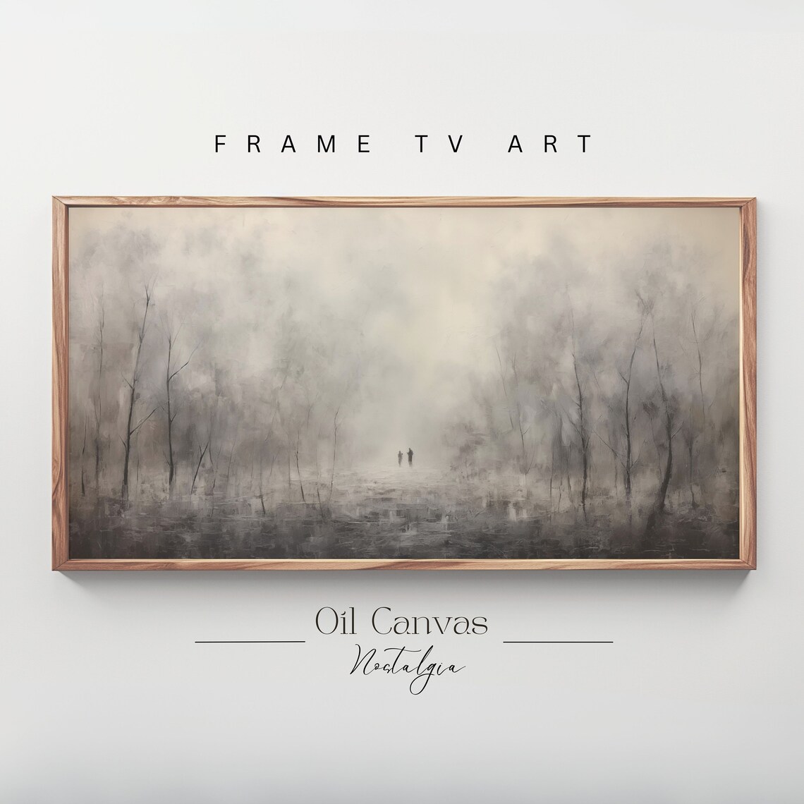 Moody Foggy Forest Two Figures Walking Gray Mysterious Atmosphere Oil Painting Poster