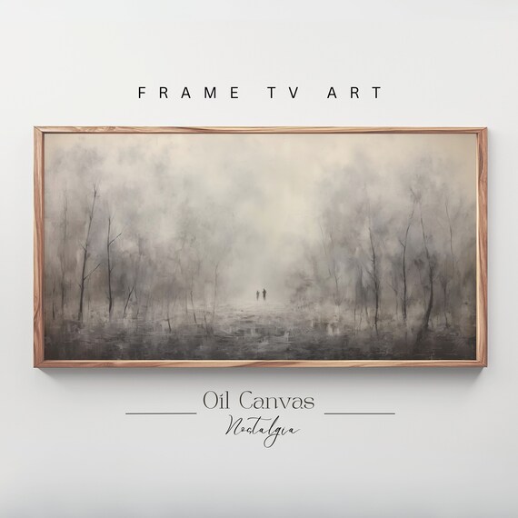Moody Foggy Forest Two Figures Walking Gray Mysterious Atmosphere Oil Painting Poster