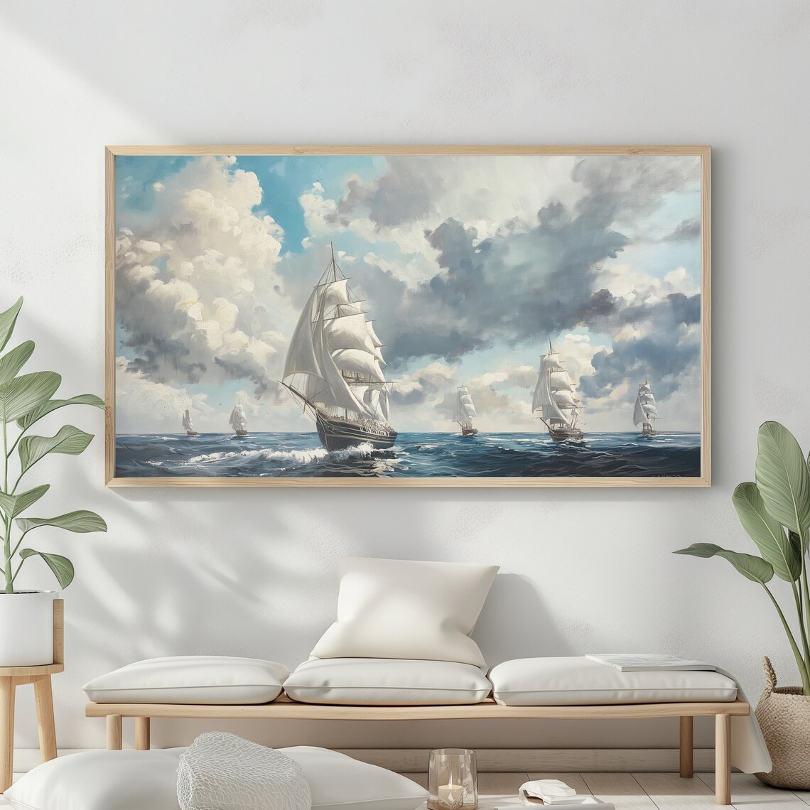 Frame Tv Art Vintage Nautical Oil Painting Summer Sea Art Boat Art Ocean Frame Tv Art Blue Nautical Seascape - Image 2