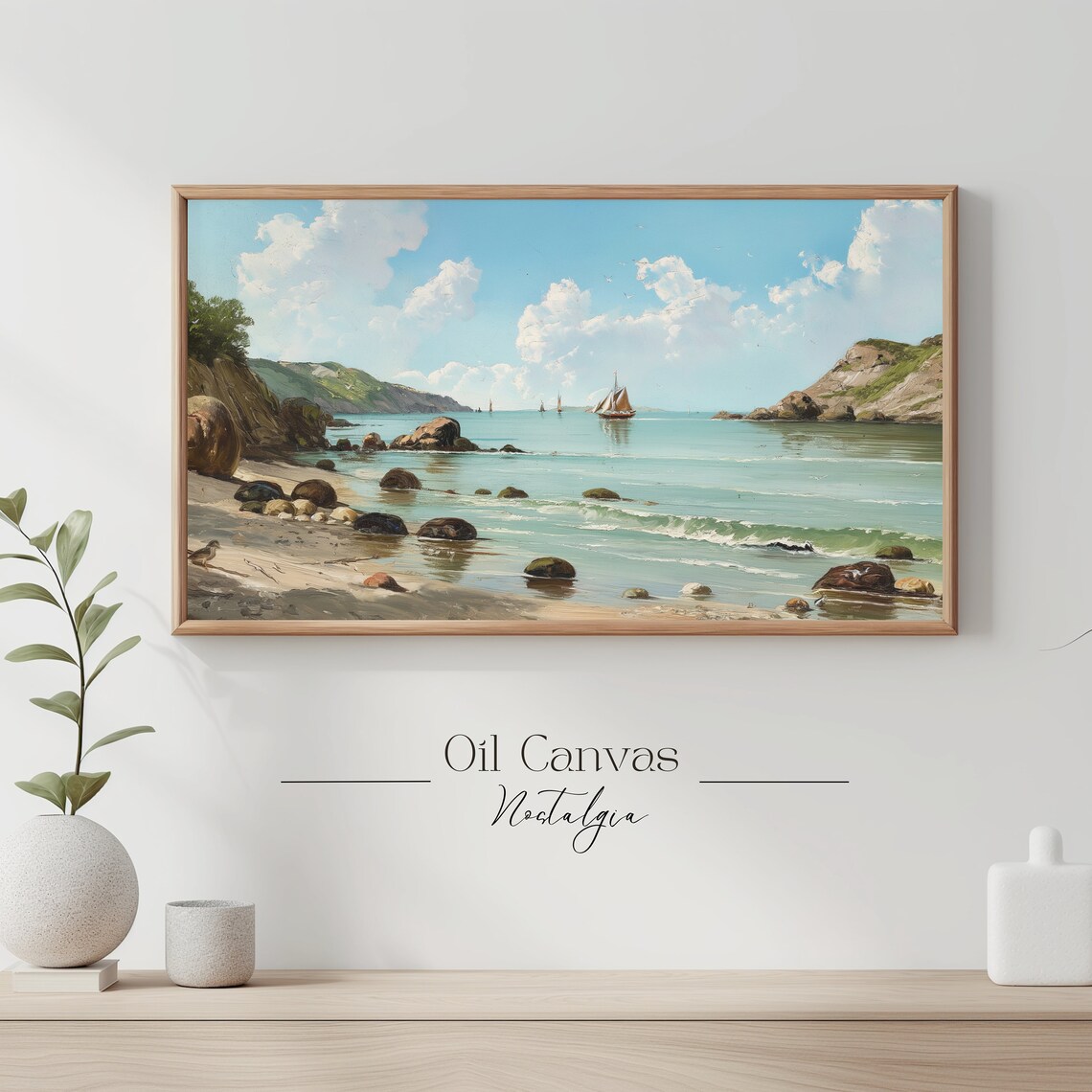 Frame Tv Art Vintage Nautical Oil Painting Summer Sea Art Boat Art Beach House Decor Blue Nautical Seascape - Image 3