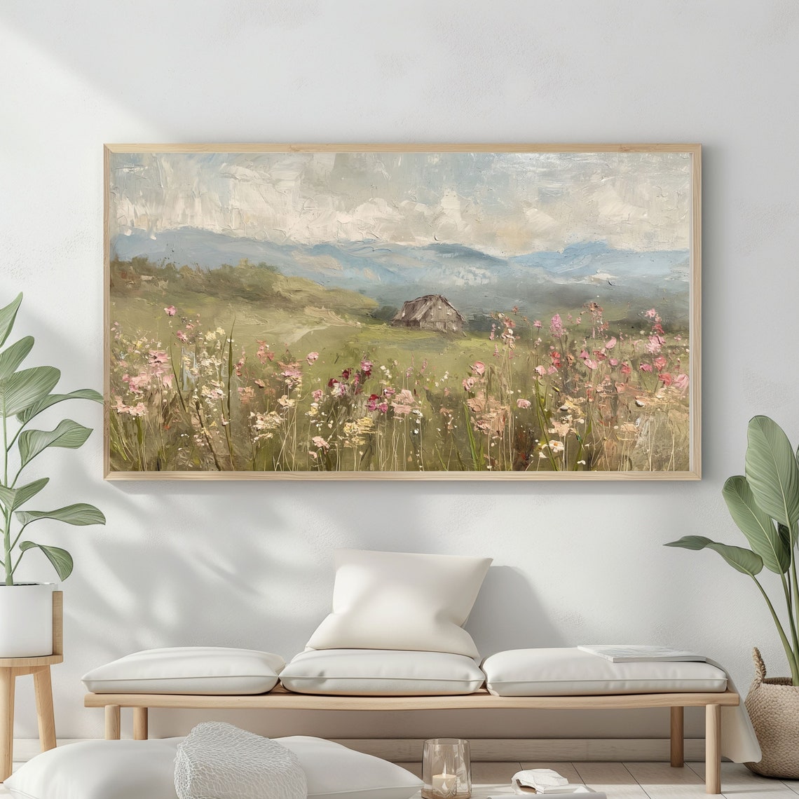 Frame Tv Art Rustic Mountain Landscape Vintage Nature Mountain Oil Painting Rustic Cabin Decor - Image 2
