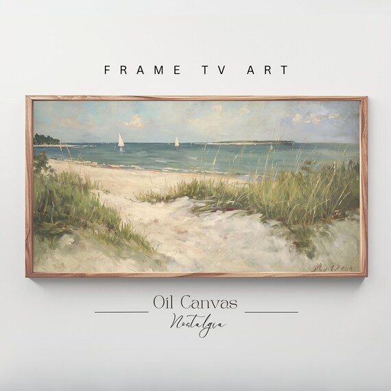Frame Tv Art Vintage Beach Oil Painting Summer Sea Art Ocean Frame Tv Art Costal Landscape Blue Nautical Seascape