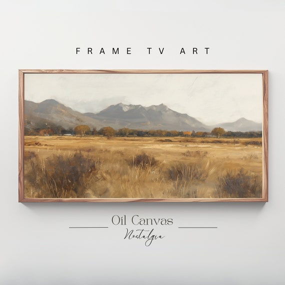 Mountain Landscape Frame Tv Art Moody Oil Painting Neutral Colours Rustic Scenery Farmhouse Decor