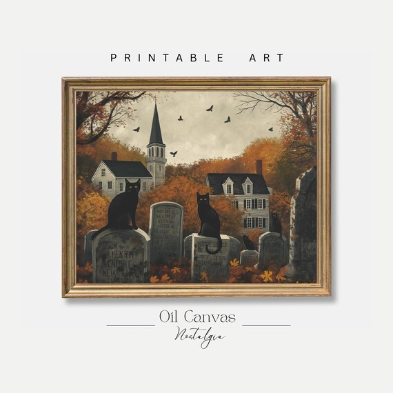 Vintage Halloween Black Cats On Gravestones Church Autumn Scene Wall Art Poster