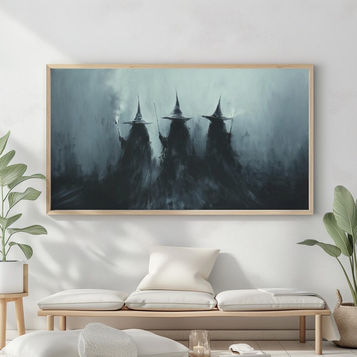 Mysterious Witches Dark Hats Foggy Teal Night Moody Halloween Wall Art - Image 2