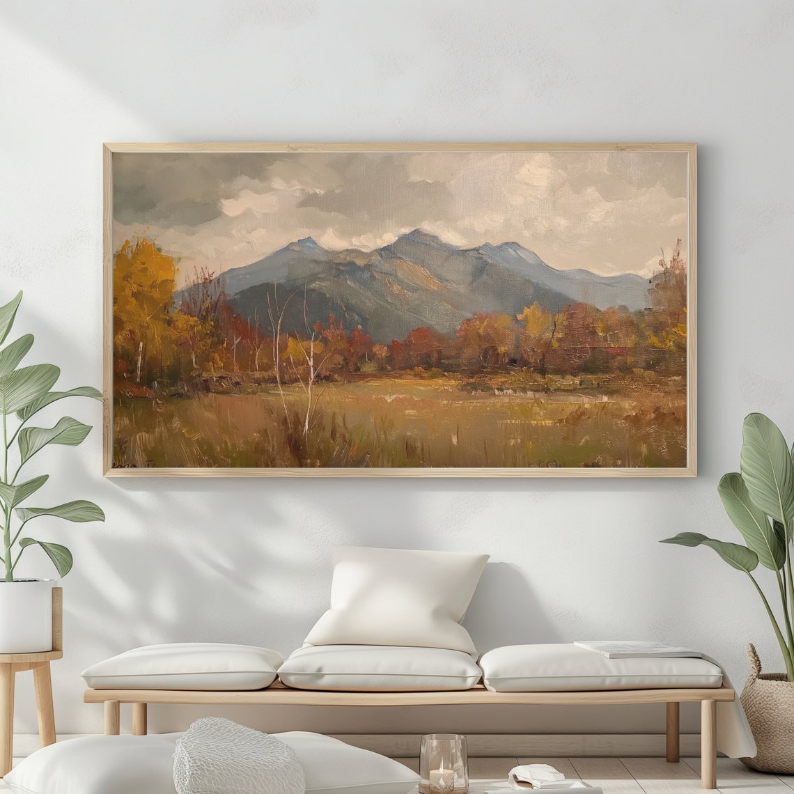 Mountain Landscape Frame Tv Art Moody Oil Painting Neutral Colours Rustic Scenery Farmhouse Decor - Image 2