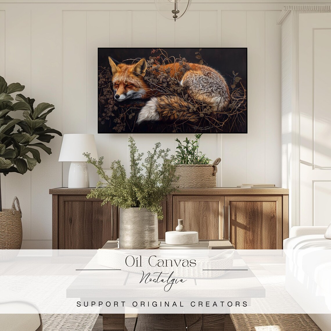 Sleeping Red Fox Curled In Winter Branches Dark Rustic Oil Wall Art Poster - Image 3